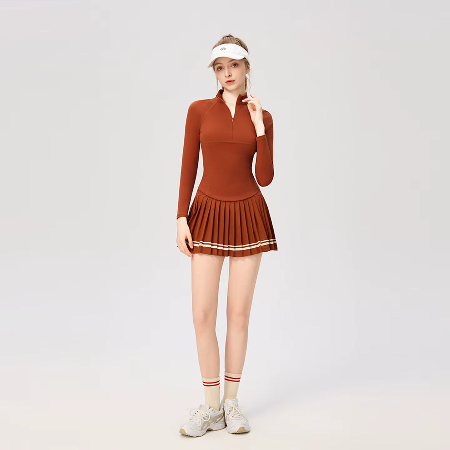 Women’s autumn and winter yoga outfit, high neck zip-up long sleeve sports golf tennis skirt with pockets, short skirt women’s set.