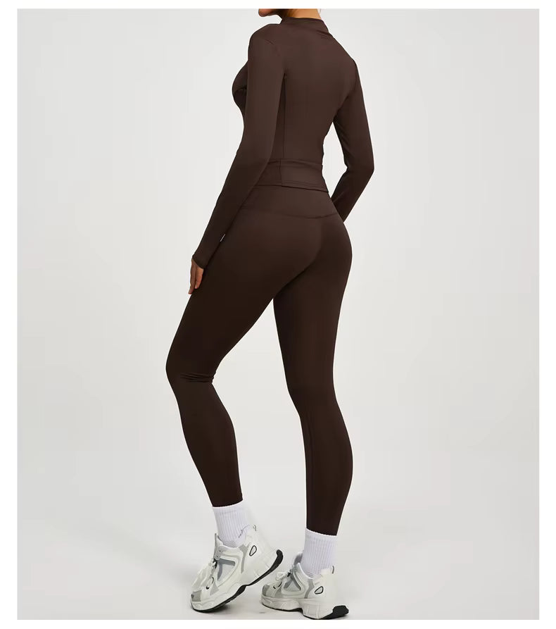 SVEIC Two-Piece Set: Yoga Jacket, Sports Top, Long Sleeve Zip-Up Jacket, Breathable Fitness Wear, High-Waisted Leggings, Women’s Gym Outfit