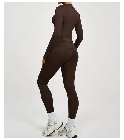 SVEIC Two-Piece Set: Yoga Jacket, Sports Top, Long Sleeve Zip-Up Jacket, Breathable Fitness Wear, High-Waisted Leggings, Women’s Gym Outfit