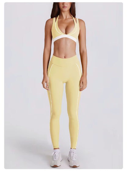 Women's Two-Piece Yoga Set with V-Neck Contrast Color Design, Beauty Back Faux Bra, High-Elastic Quick-Dry Fabric, Fitness Training and Running Shorts Set