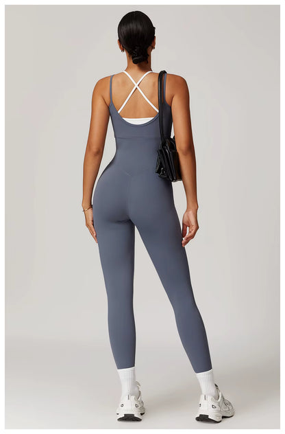 Color-Block Women’s Gym Jumpsuit Yoga Set Cross-Back Sports Fitness Training Bodysuit