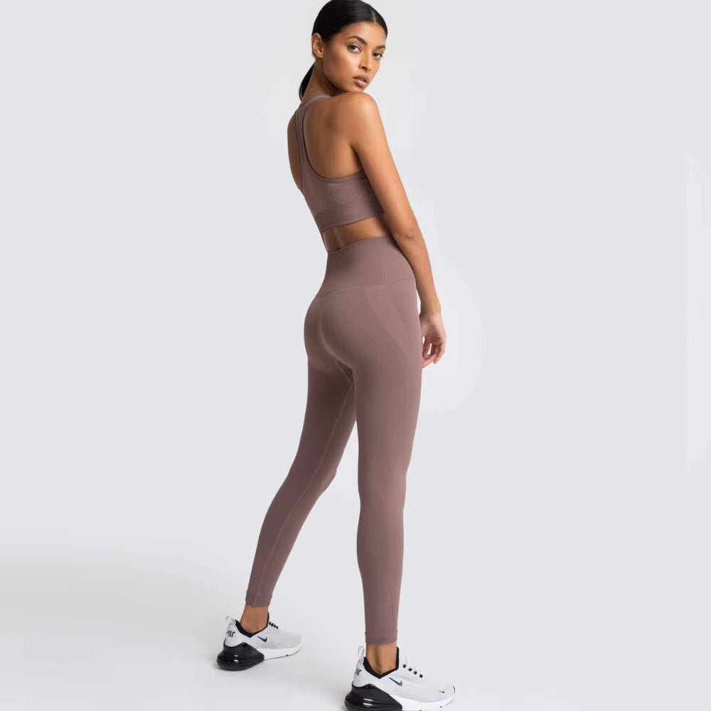 Women’s Seamless Yoga Set – Fitness Crop Top & High-Waist Tummy Control Leggings with Built-In Bra, Workout Outfit for Pilates, Gym and Running