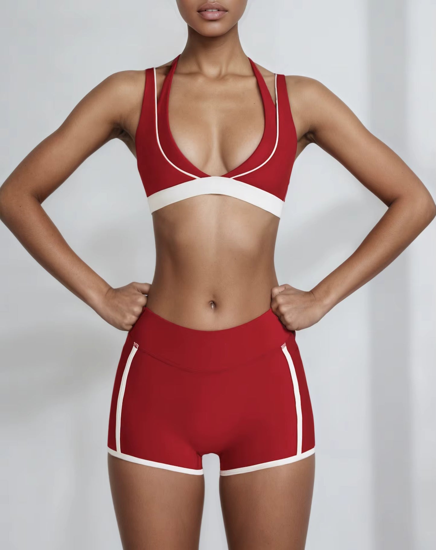 Women's Two-Piece Yoga Set with V-Neck Contrast Color Design, Beauty Back Faux Bra, High-Elastic Quick-Dry Fabric, Fitness Training and Running Shorts Set