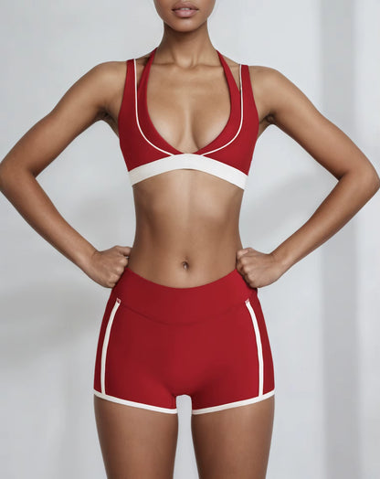 Women's Two-Piece Yoga Set with V-Neck Contrast Color Design, Beauty Back Faux Bra, High-Elastic Quick-Dry Fabric, Fitness Training and Running Shorts Set