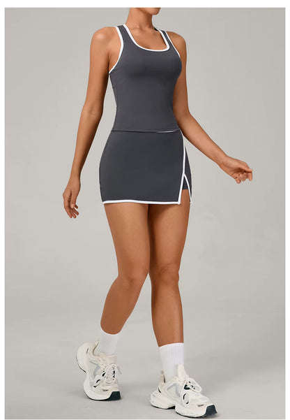 2-Piece Women’s Yoga Gym Set – Sports Vest and Short Skirt Tracksuit, Workout Training Outfit, Running and Gym Sportswear