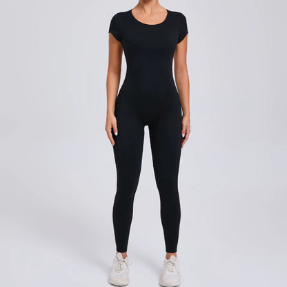 Women’s One-Piece Yoga Jumpsuit, Short Sleeve Open Back Slim Fit Sportswear, Quick-Dry Hip-Lift Fitness Gym Bodysuit
