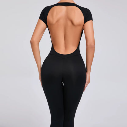 Women’s One-Piece Yoga Jumpsuit, Short Sleeve Open Back Slim Fit Sportswear, Quick-Dry Hip-Lift Fitness Gym Bodysuit