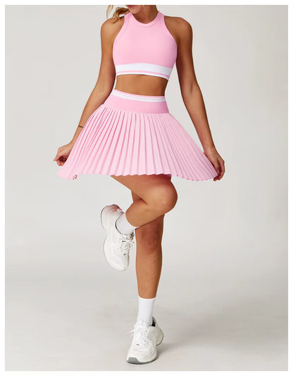 2-Piece Women’s Seamless Yoga Set – High-Waist Fitness Vest and Short Yoga Skirt, Color-Block Gym Workout Outfit