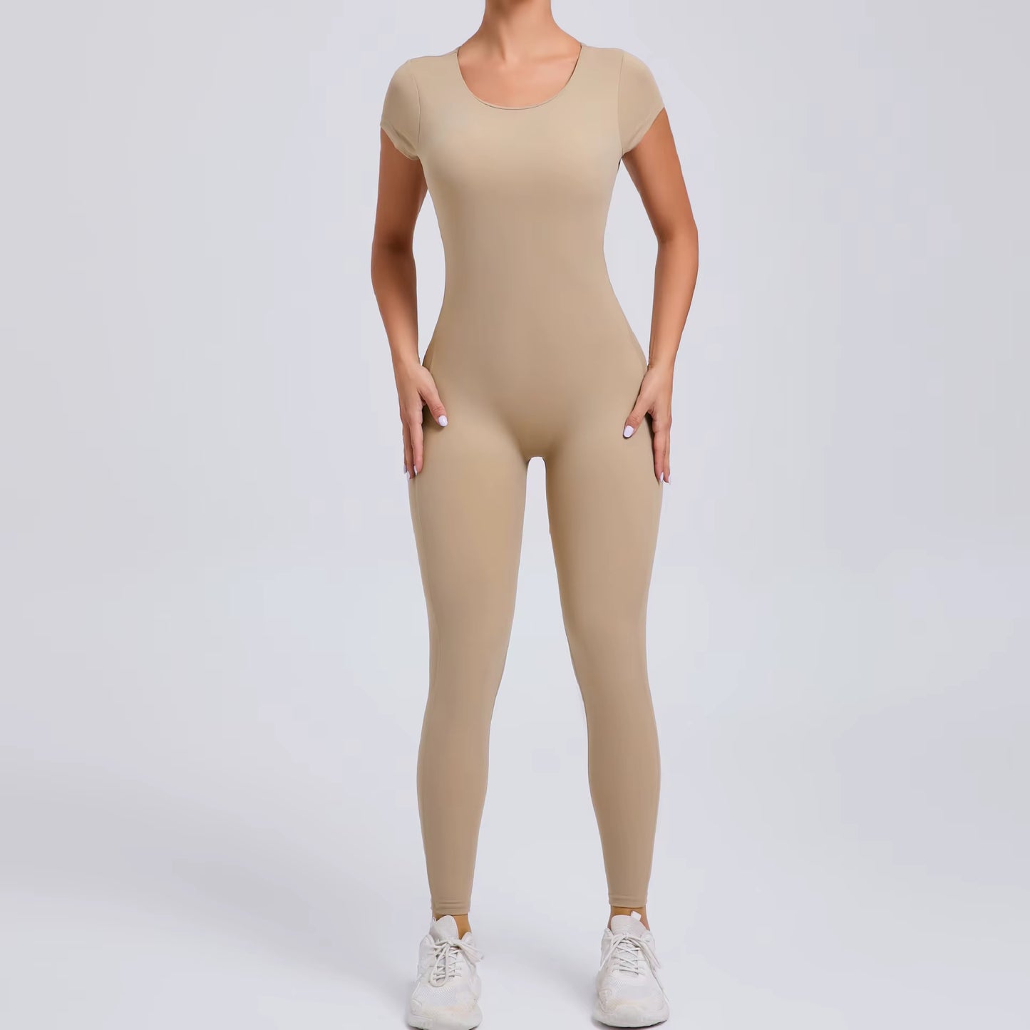 Women’s One-Piece Yoga Jumpsuit, Short Sleeve Open Back Slim Fit Sportswear, Quick-Dry Hip-Lift Fitness Gym Bodysuit
