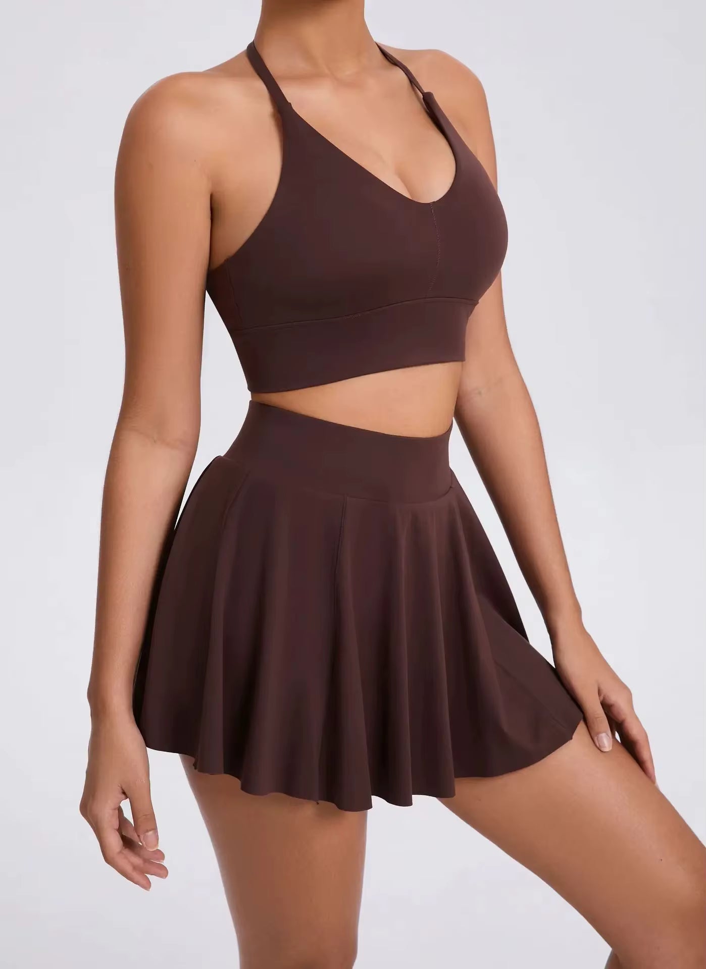 Casual Outdoor Yoga Set, Sports Bra and Short Tennis Skirt, Anti-Exposure Running Pocket Fitness Outfit, Breathable Yoga Tank Top and Tennis Set