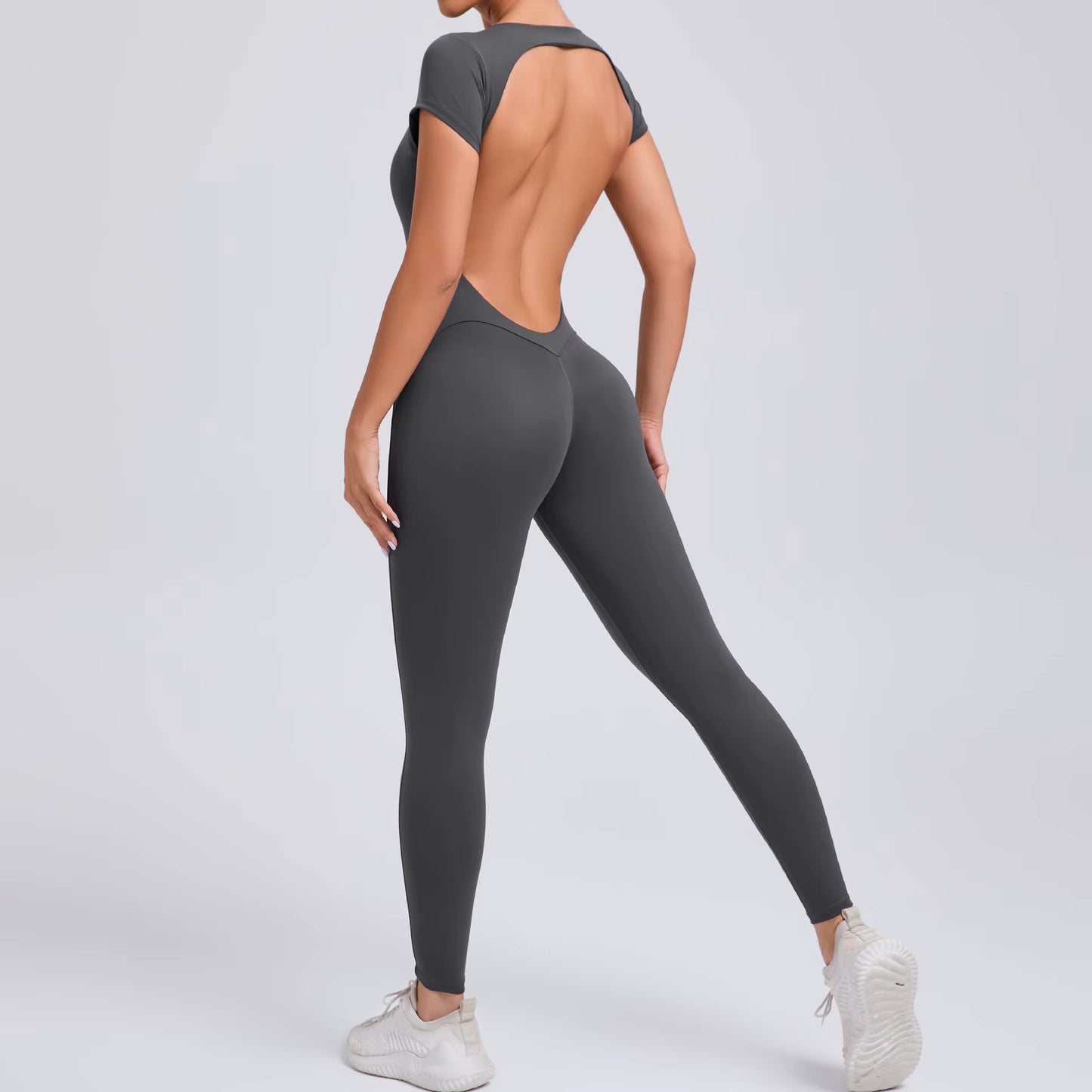 Women’s One-Piece Yoga Jumpsuit, Short Sleeve Open Back Slim Fit Sportswear, Quick-Dry Hip-Lift Fitness Gym Bodysuit