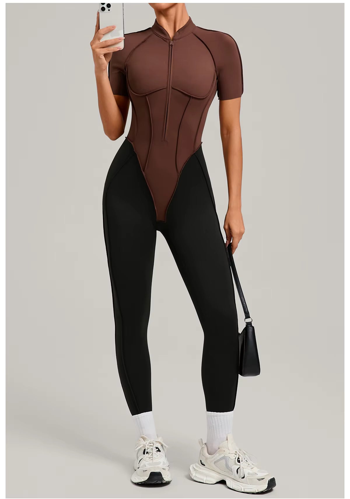 Women’s long sleeve one-piece jumpsuit yoga gym workout outfit, color-block fitness bodysuit activewear