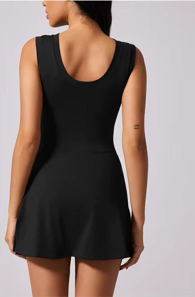 Women’s Tennis Dress with Built-In Shorts – Sleeveless Athletic Dress with Boat Neck – Active Training Skort Dress