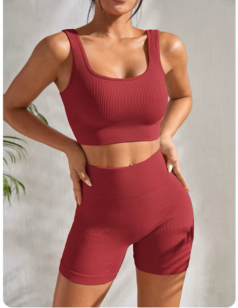 Women’s Smooth Seamless Yoga Set: 2-Piece Workout Set, High-Waist Shorts & Sports Bra – Athletic Fitness & Running Wear