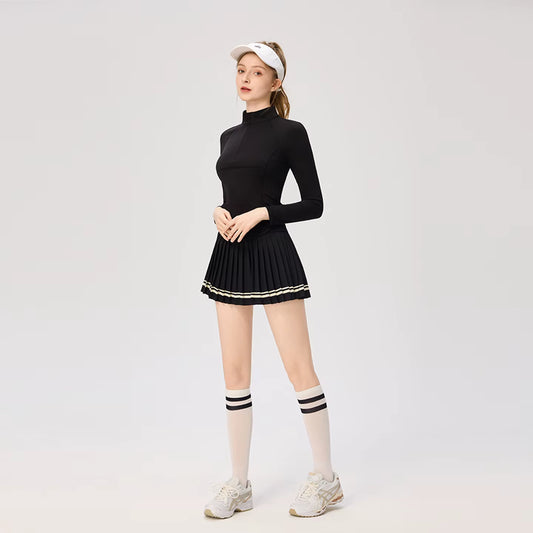 Women’s autumn and winter yoga outfit, high neck zip-up long sleeve sports golf tennis skirt with pockets, short skirt women’s set.