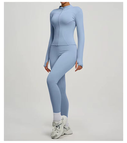 SVEIC Two-Piece Set: Yoga Jacket, Sports Top, Long Sleeve Zip-Up Jacket, Breathable Fitness Wear, High-Waisted Leggings, Women’s Gym Outfit