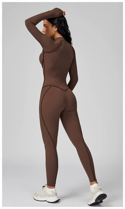 Long Sleeve Yoga Bodysuit Women’s Gym Jumpsuit with Zipper – One-Piece High-Intensity Training Fitness Activewear Tights