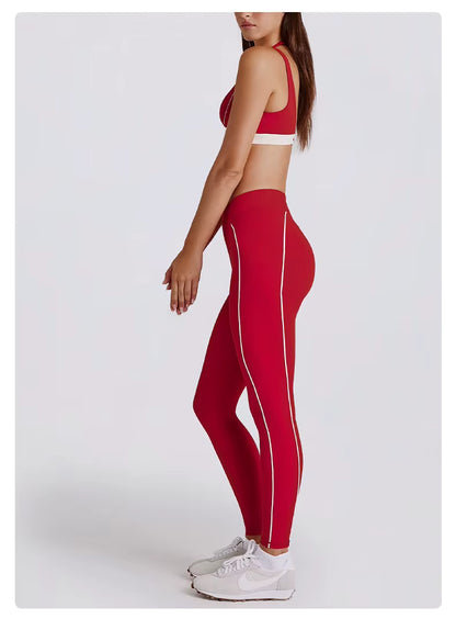 Women's Two-Piece Yoga Set with V-Neck Contrast Color Design, Beauty Back Faux Bra, High-Elastic Quick-Dry Fabric, Fitness Training and Running Shorts Set