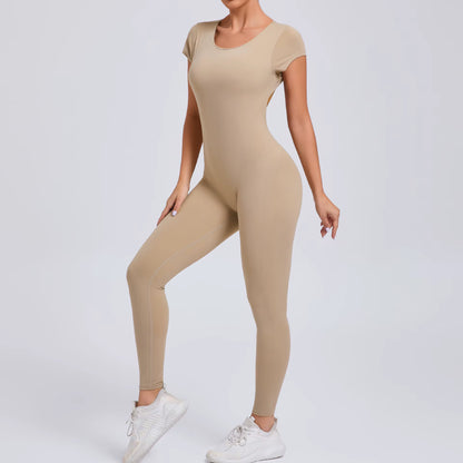 Women’s One-Piece Yoga Jumpsuit, Short Sleeve Open Back Slim Fit Sportswear, Quick-Dry Hip-Lift Fitness Gym Bodysuit