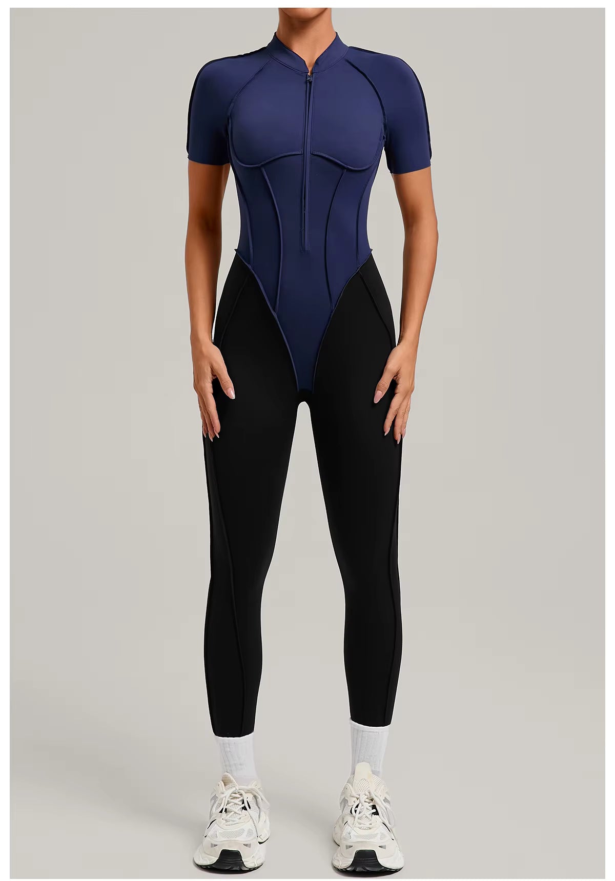Women’s long sleeve one-piece jumpsuit yoga gym workout outfit, color-block fitness bodysuit activewear