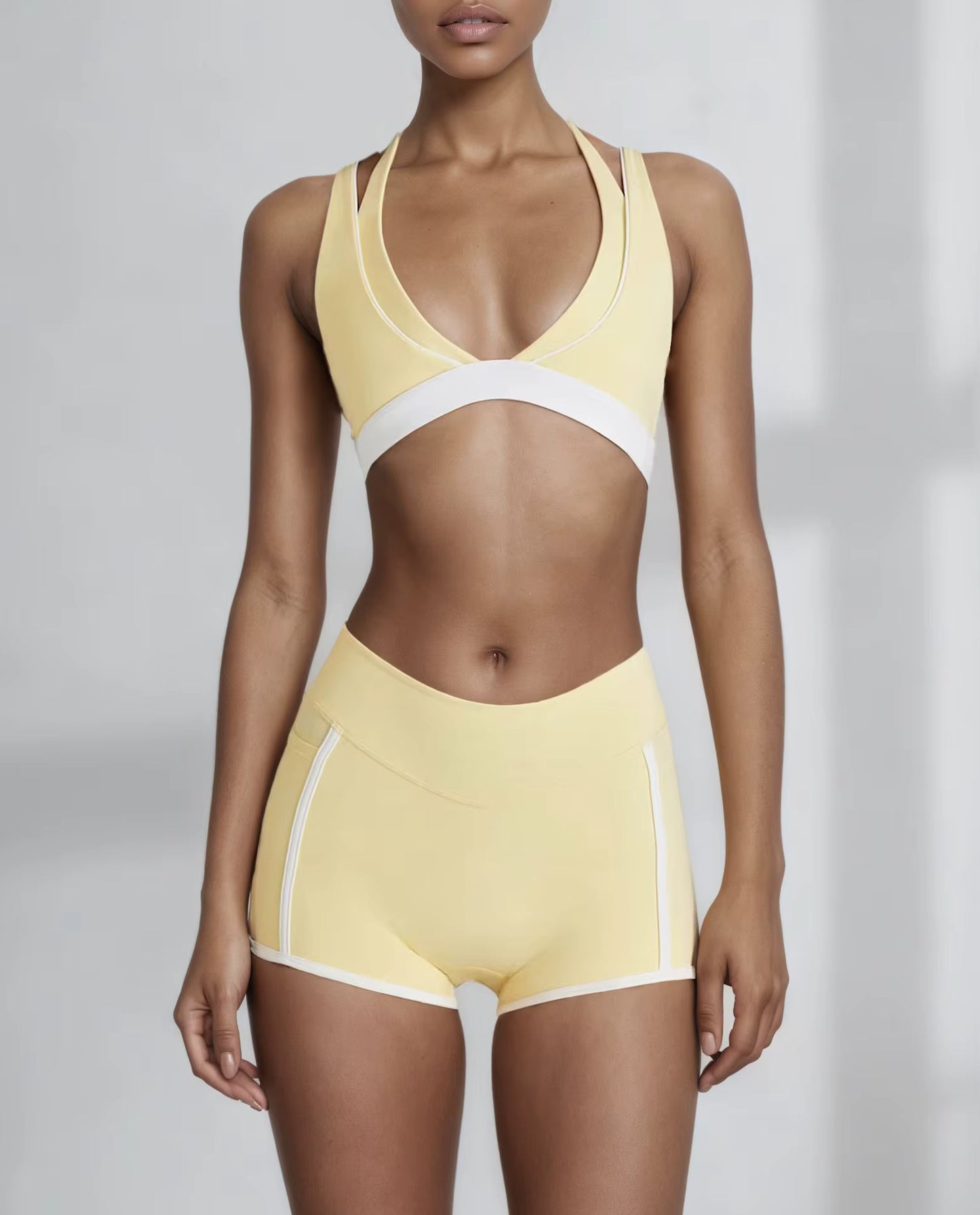 Women's Two-Piece Yoga Set with V-Neck Contrast Color Design, Beauty Back Faux Bra, High-Elastic Quick-Dry Fabric, Fitness Training and Running Shorts Set