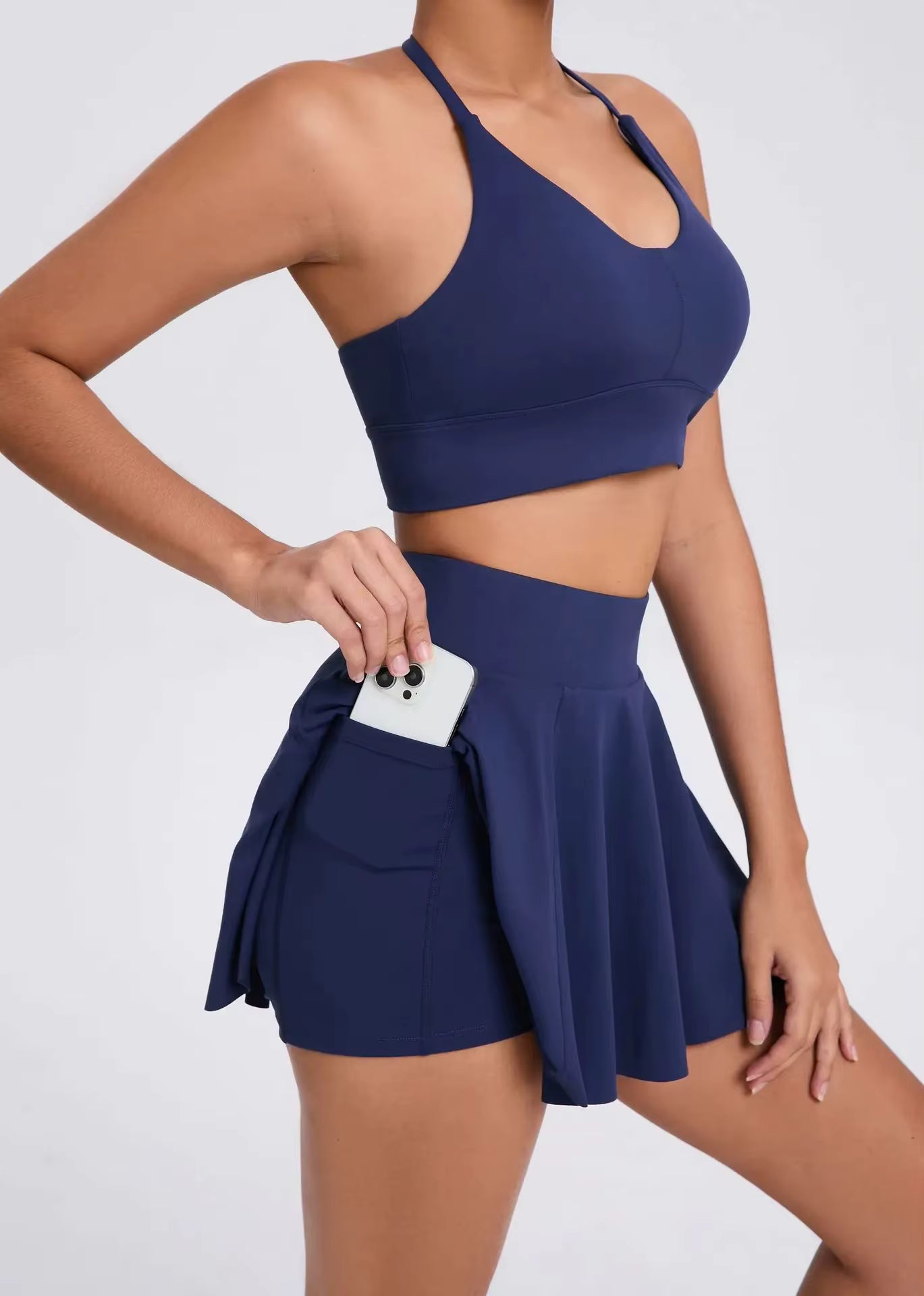 Casual Outdoor Yoga Set, Sports Bra and Short Tennis Skirt, Anti-Exposure Running Pocket Fitness Outfit, Breathable Yoga Tank Top and Tennis Set